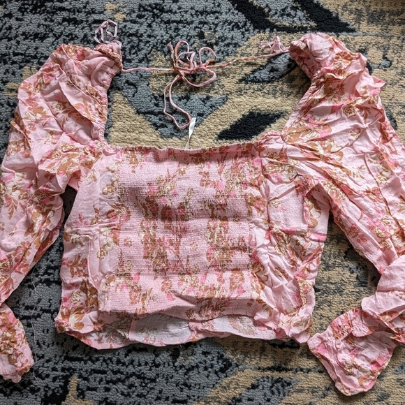 Free People Hilary printed top pink combo floral puff sleeve open back - Picture 7 of 10